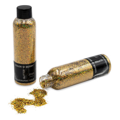 Colorberry Glitter - Holographic Gold, Chunky, 90 grams, Bottle (Glitter shown in and out of bottle)