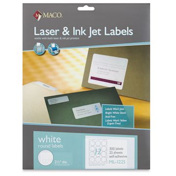 Open in modal - Maco Laser/Ink Jet White Multi-Purpose Labels - Front of package of 300 Round Labels