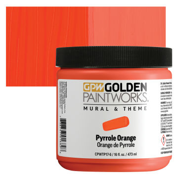 Golden Paintworks Mural and Theme Acrylic Paint - Pyrrole Orange, 16 oz, Jar with swatch