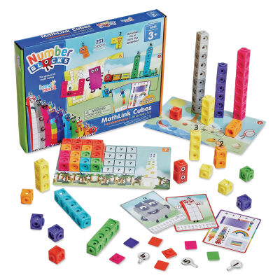 Numberblocks MathLink Cubes - 1-10 Activity Set, contents laid out in front of the packaging. 