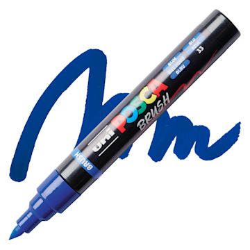 Open in modal - Posca Brush Paint Marker - Blue, Brush Tip, swatch and marker