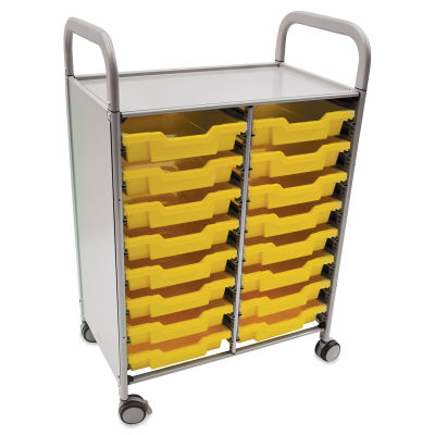 Gratnells Callero Storage Cart - Angled view of cart with 16 shallow yellow trays