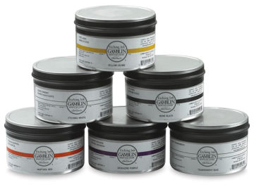 Open in modal - Gamblin Etching Inks - Front view of pyramid of 6 Tins of various colors of Inks