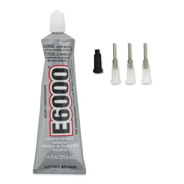 E6000 Industrial Strength Adhesive, tube next to cap and 3 precision tips 