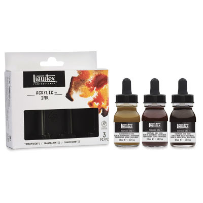 Liquitex Professional Acrylic Ink Set - Set of 3 Transparent Ink Colors shown next to package