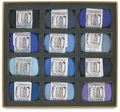 Townsend Terrages Pastel Set of 12 Blue Colors shown in cushioned open box