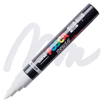 Open in modal - Posca Brush Paint Marker - White, Brush Tip, swatch and marker