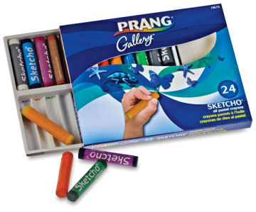 Prang Sketcho Oil Pastel Crayons - Slightly open set of 24 Crayons with several removed from tray
