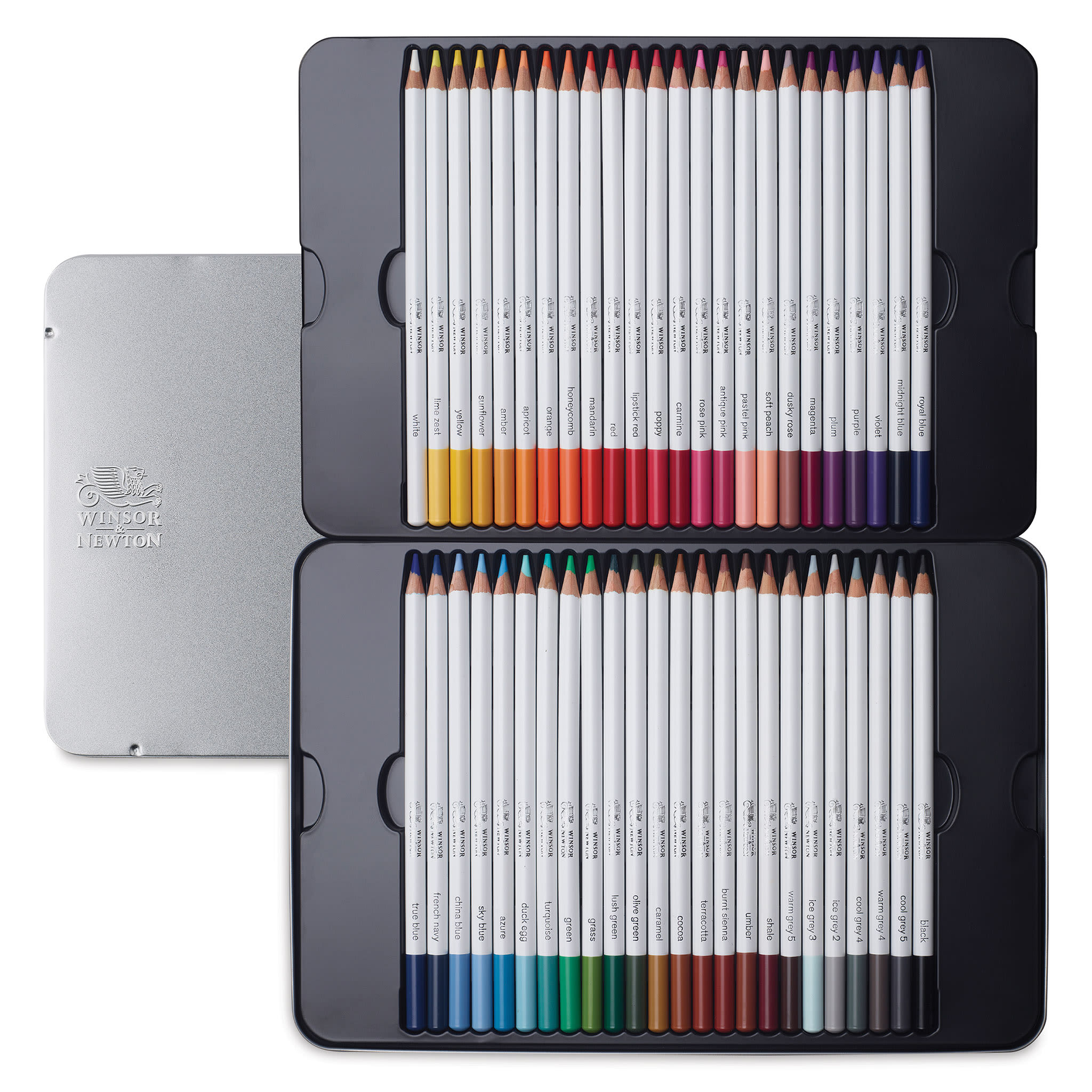 Winsor & Newton Studio Collection Watercolor Pencils - Set of 48, pencils shown inside tin case