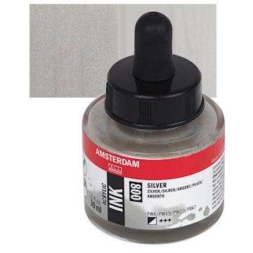 Open in modal - Amsterdam Acrylic Ink - Silver, 30 ml bottle and swatch