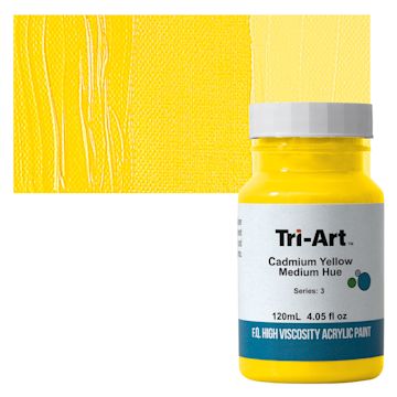 Open in modal - Tri-Art High Viscosity Artist Acrylic - Cadmium Yellow Medium Hue, 120 ml jar and swatch