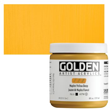 Open in modal - Golden Heavy Body Acrylic Paint - Naples Yellow Deep, 237 ml, Jar and swatch