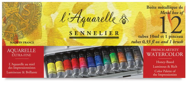 Sennelier French Artists' Watercolor Set - Iridescent, Metal Case, Set of  12 colors, 10 ml tubes