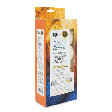 Lion Brand x Rit 24/7 Cotton Yarn Dye Kit - Tangerine, Golden Yellow, and Blue - front of packaging