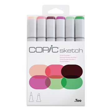Open in modal - Copic Sketch Markers, Set of 6. Floral Favorites 1. Front of package of pink and green colors.