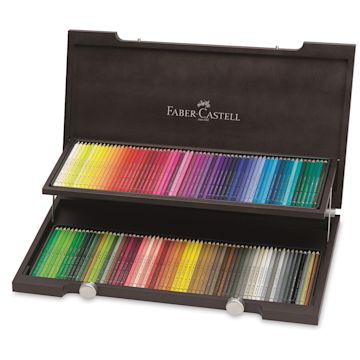 Open in modal - Faber-Castell Albrecht Durer Watercolor Pencils-Set of 120, Wood Box. Top open, 2 tiers of pencils.