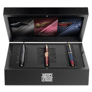 Caran d'Ache Justice League Fountain Pens - Trilogy Set front view of package, shown open
