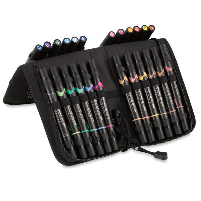 Prismacolor Premier Double-Ended Brush Tip Markers - Zip Case, Set of 24 (case open and forming display)