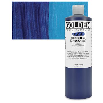 Open in modal - Golden Fluid Acrylic - Phthalo Blue (Green Shade), 16 oz bottle and swatch