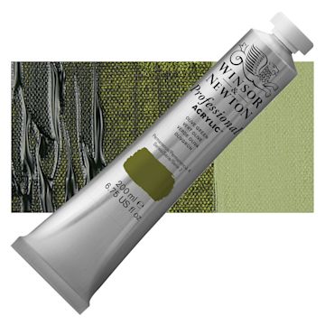 Open in modal - Winsor & Newton Professional Acrylic Paint - Olive Green, 200 ml tube and swatch