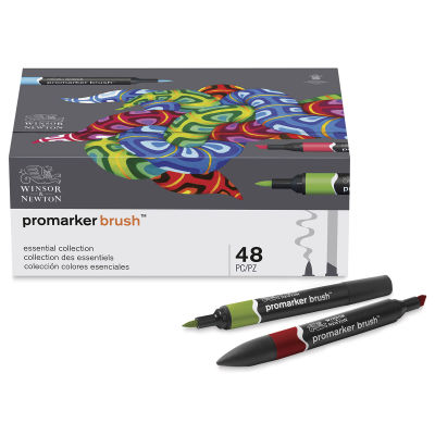 Promarker Brush Markers - Front of package of 48 pc Essential Colors with 2 markers out and uncapped