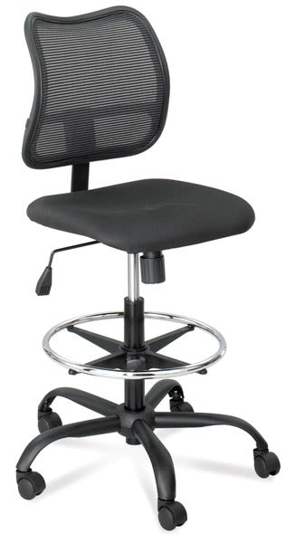 Safco Vue Extended-Height Mesh Chair - Angled view showing height lever, foot ring and wheeled base