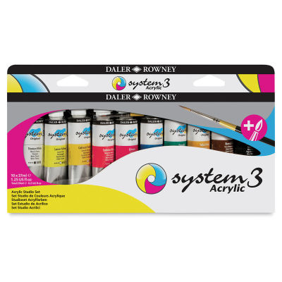 System 3 Medium Body Acrylic Paint Sets - Front of package of Studio Set of 10 colors