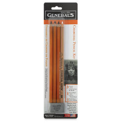 General's Charcoal Pencils - Set of 5. Front of package with four pencils and eraser.