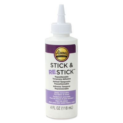 Aleene's Stick & Restick Repositionable Adhesive - 4 oz, front of the squeeze bottle