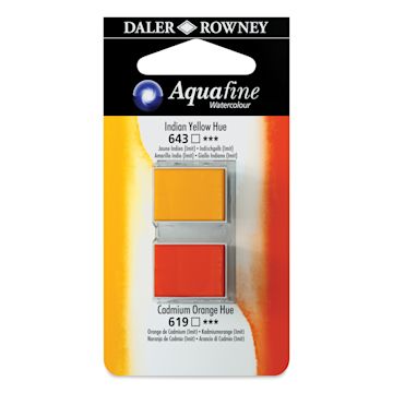 Open in modal - Daler-Rowney Aquafine Watercolors - Set of 2, Indian Yellow Hue and Cadmium Orange Hue, Half Pan