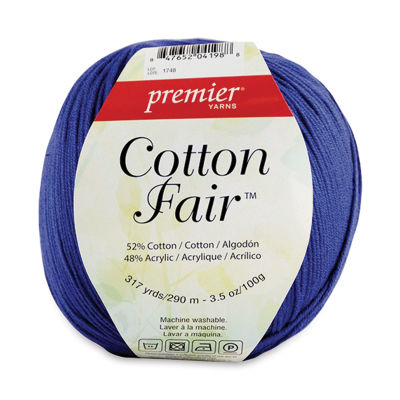 Premier Yarn Cotton Fair Yarn - Front view of Blue Iris skein with label