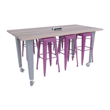 CEF Idea Island Work Table, 34" high with 6 purple stools. 