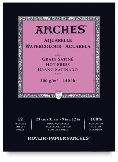 Arches Watercolor Pad - 9'' x 12'', 140 lb, Hot Press, Fold-over, 12 Sheets