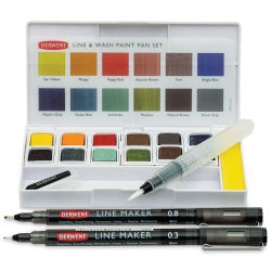 Derwent Line and Wash Paint Pan Set - Set of 12, Assorted Colors (Paint pan set shown with line makers and water brush)