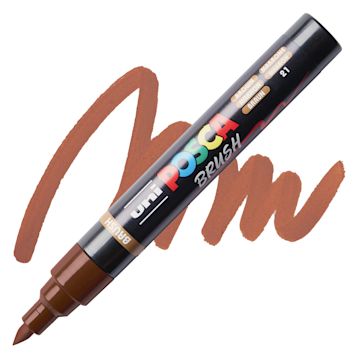 Open in modal - Posca Brush Paint Marker - Brown, Brush Tip, swatch and marker