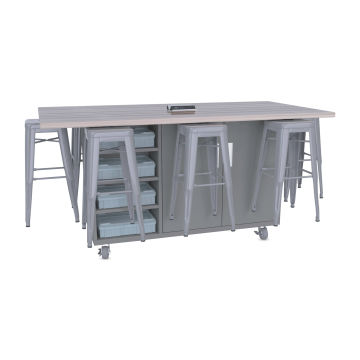 CEF Ed8 Work Table with Stools, 36"H table with silver stools and Northsea Grey finish.