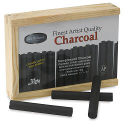 Richeson Compressed Charcoal - Box of 10 shown at angle with 3 sticks in front