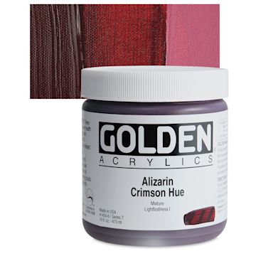 Open in modal - Golden Heavy Body Artist Acrylic - Alizarin Crimson Historic Hue, 16 oz Jar and swatch