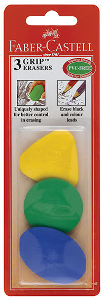 Faber-Castell Grip Erasers - Front of blister package of set of 3 Erasers
