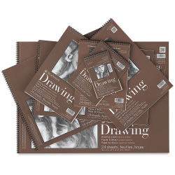 Strathmore 400 Series Drawing Paper Pads - Uneven stack of eight pads, brown covers, assorted sizes.
