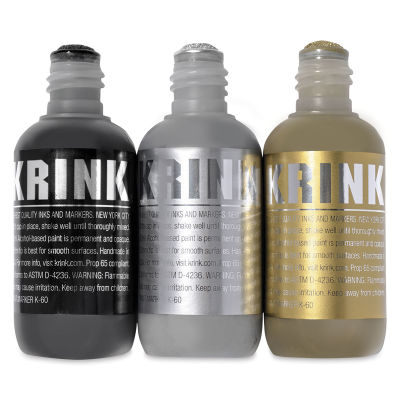 Krink K-60 Paint Markers - Set of 3 Metallics, Black, Silver, and Gold bottles shown 
