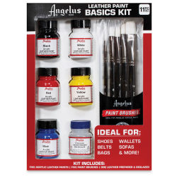 Angelus Leather Paint - Basics Kit, Set of 6, Assorted Colors, 1 oz, Bottles (Front of packaging)
