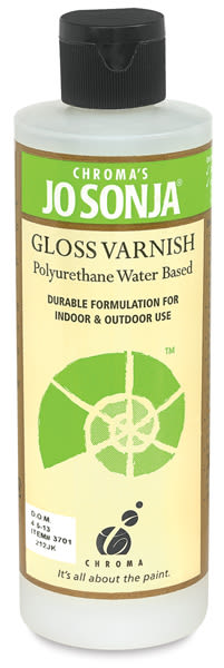 Chroma's Jo Sonja Water Based Polyurethane Varnish - Front of Gloss Finish bottle