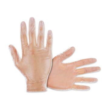 SAS Safety Vinyl-Guard Vinyl Disposable Examination Gloves (out of the box on a pair of hands)