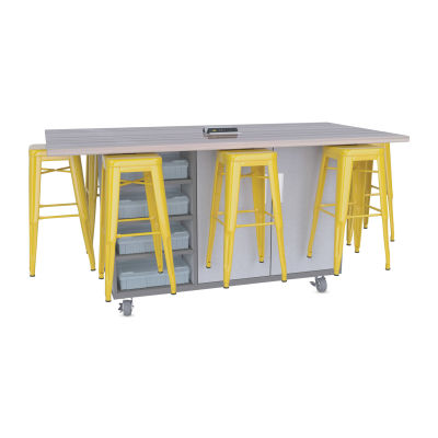 CEF Ed8 Work Table with Stools, 42"H table with yellow stools and Folkstone Hex finish.