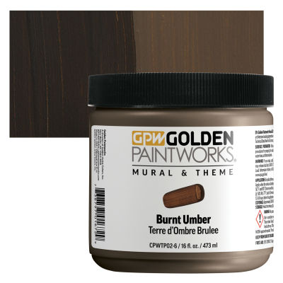 Golden Paintworks Mural and Theme Acrylic Paint - Burnt Umber, 16 oz, Jar with swatch