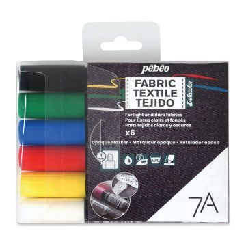 Pebeo 7A Opaque Fabric Markers - Set of 6, Classic Colors, 4 mm (Front of packaging)
