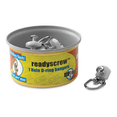 Ook ReadyScrew D-Ring Hangers - Open Tin of Single Hole 10 pack with one hanger shown out of tin