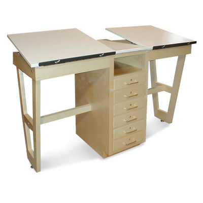 Hann Dual Station Drafting Table - left angle shows raised drafting surface, drawers, A-Frame Legs