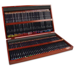 Derwent Studio Colored Pencil Set -  Left angle view of 72 Assorted colors in Wood Storage Box 